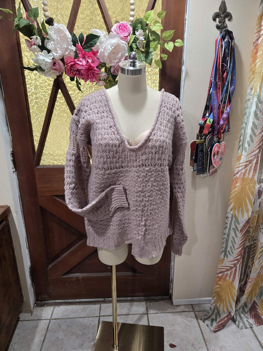 Free People Dusty Mauve V-Neck Knit Sweater